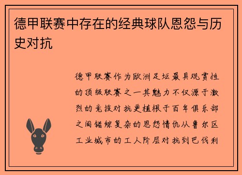 德甲联赛中存在的经典球队恩怨与历史对抗